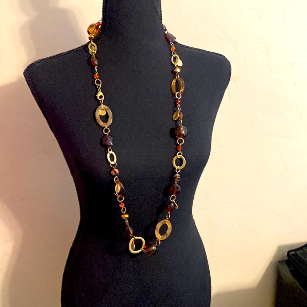 Gorgeous Necklace with Amber tone beads and gold tone accents from premier